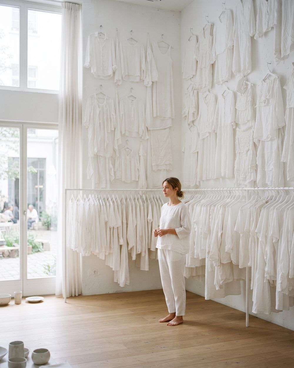 Frau in Weiß in einem hellen Raum voller weißer Kleidungsstücke