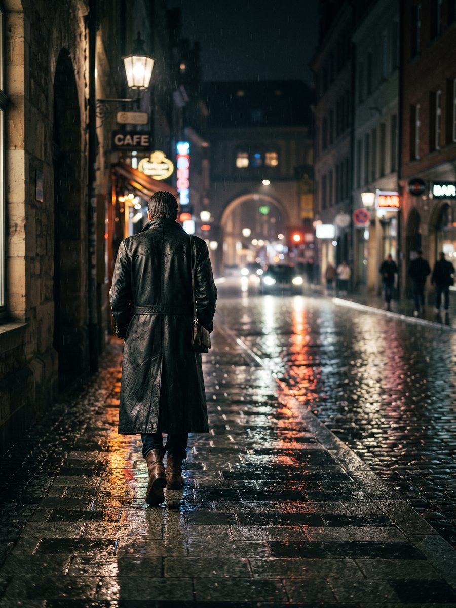 Person im langen Ledermantel auf nasser Gasse bei Nacht
