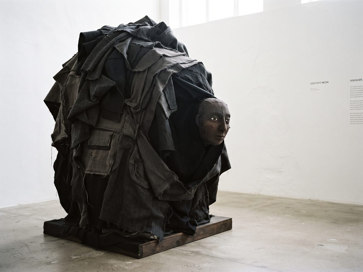 Große dunkle Stoffskulptur mit einem Gesicht in einem weißen Ausstellungsraum